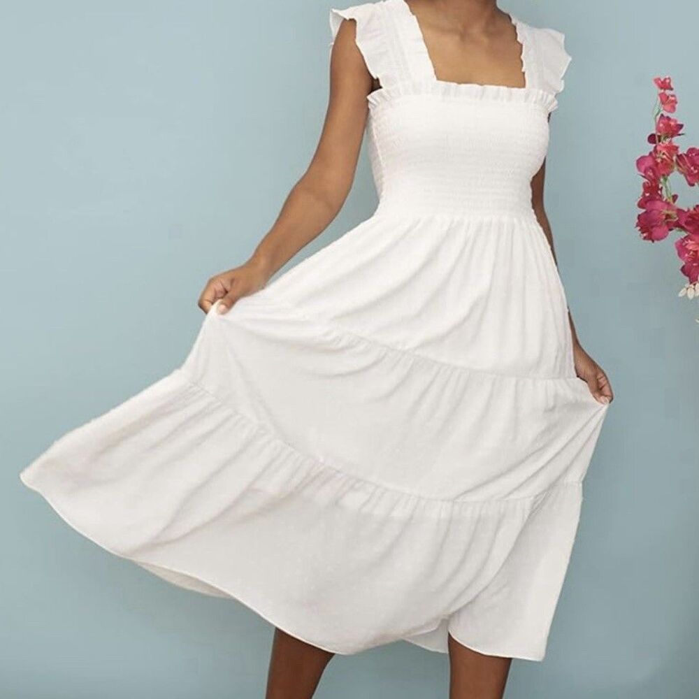London Times White Dress XL Flowy Smocked Midi Tiered Ruffle Clean Beach Cottage